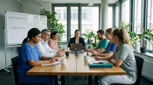 Multiprofessionelles Pflegeteam bei einer ruhigen und konzentrierten Teambesprechung in einem hellen Büro