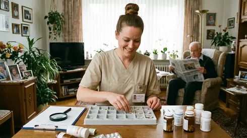 Freundliche Pflegekraft bereitet sorgfältig Medikamente an einem Tisch vor