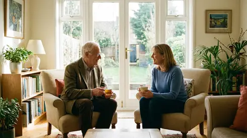 Arzt und Patientin im vertrauensvollen Gespräch im hellen Wohnzimmer