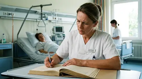 Pflegekraft notiert konzentriert Informationen in eine Patientenakte