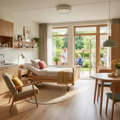 Helles, modern eingerichtetes Zimmer in einer freundlichen Seniorenresidenz