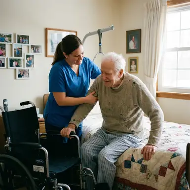 Pflegekraft hilft Senior behutsam beim Übergang vom Rollstuhl ins Bett