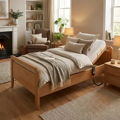 Komfortables, elektrisch verstellbares Pflegebett in einem gemütlichen Schlafzimmer