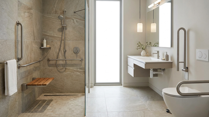 Modernes, barrierefreies Badezimmer mit bodengleicher Dusche, Duschklappsitz und stabilen Haltegriffen an den Wänden