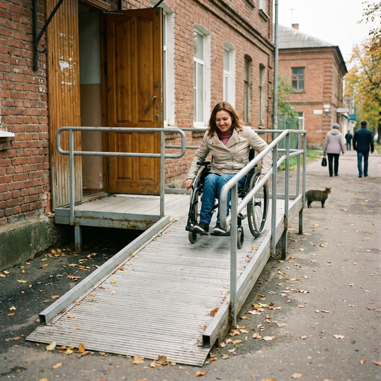 Rollstuhlfahrerin nutzt eine fest installierte Metallrampe an der Haustür