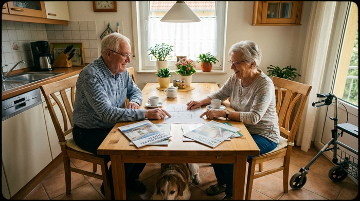 Seniorenpaar sitzt entspannt am Küchentisch und bespricht Unterlagen für den barrierefreien Umbau