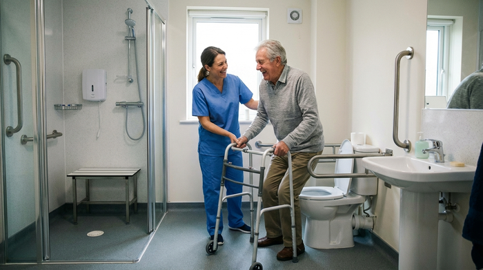 Freundliche Pflegerin hilft einem Senior im barrierefreien Badezimmer