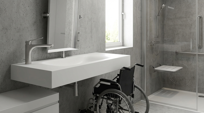 Unterfahrbares, modernes Waschbecken mit spezieller leichtgängiger Armatur