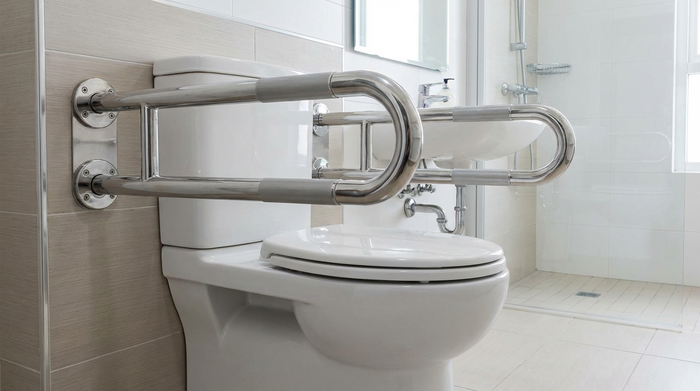 Stabile Haltegriffe sind fachgerecht neben einer leicht erhöhten Toilette angebracht