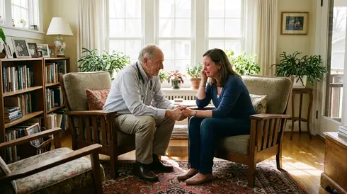Einfühlsames Gespräch zwischen Arzt und Angehörigen in einem hellen, wohnlichen Raum