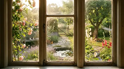 Blick aus einem Fenster in einen sonnigen, friedlichen Garten