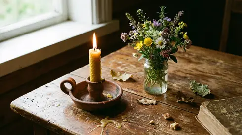 Eine brennende Kerze neben einem kleinen Blumenstrauß auf einem Holztisch
