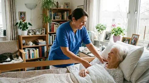Freundliche Pflegerin richtet behutsam die Kissen in einem gemütlichen Pflegebett