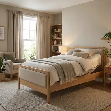 Modernes Pflegebett mit bequemer Matratze in einem wohnlichen Schlafzimmer