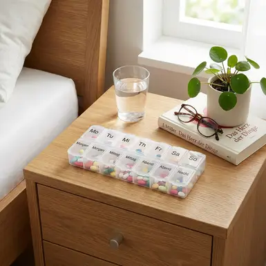 Sorgfältig sortierte Medikamentenbox auf einem aufgeräumten Nachttisch