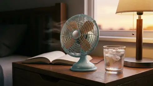 Ein kleiner Handventilator auf einem Nachttisch neben einem Glas Wasser