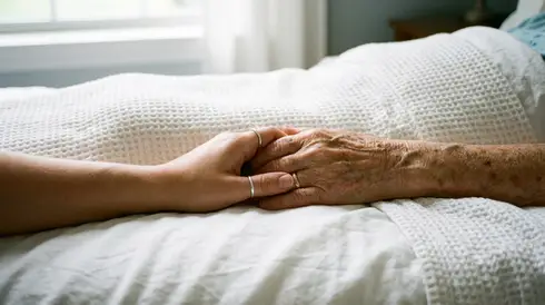 Nahaufnahme: Eine jüngere Hand hält tröstend die Hand eines älteren Menschen auf einer weißen Bettdecke