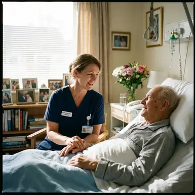 Pflegekraft des Palliativteams bei der einfühlsamen Versorgung zu Hause