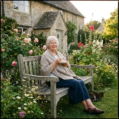 Ältere Dame entspannt bei einer Tasse Tee auf einer Bank im Garten