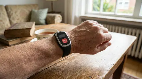 Hausnotruf-Gerät als Armband am Handgelenk eines Senioren