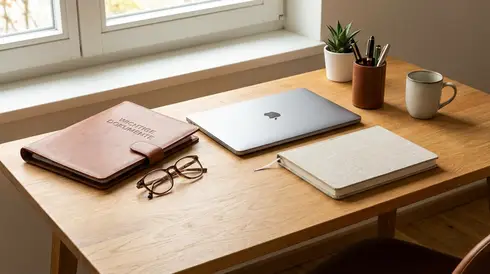 Geordneter Schreibtisch mit einer Mappe für wichtige Dokumente und einer Brille