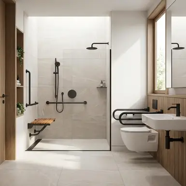 Modernes, barrierefreies Badezimmer mit Haltegriffen und Duschsitz