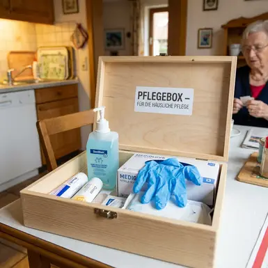 Geöffnete Pflegebox mit Handdesinfektion und Einmalhandschuhen