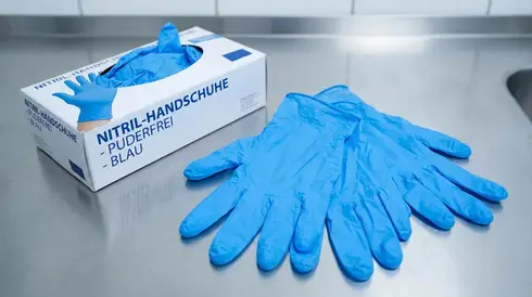 Blaue Einmalhandschuhe aus Nitril auf sauberer Unterlage