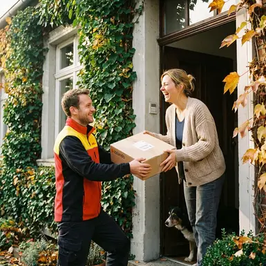 Paketbote überreicht einer lächelnden Frau ein Paket an der Haustür