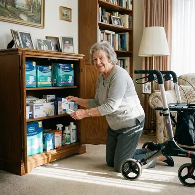 Seniorin sortiert Pflegehilfsmittel in einen Schrank ein