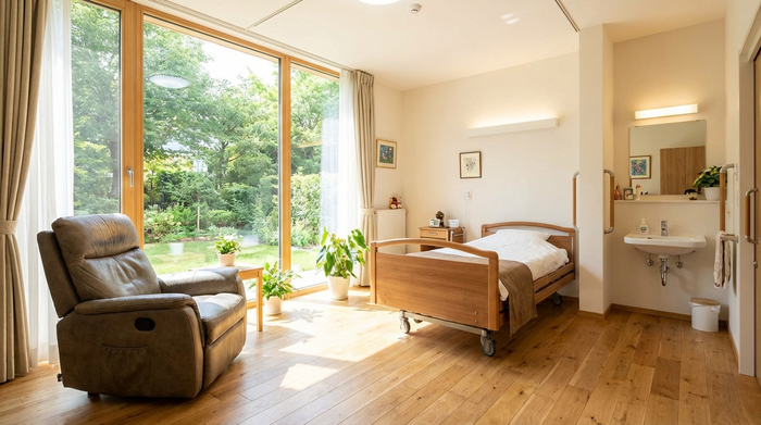 Helles, barrierefreies Pflegezimmer mit großen Fenstern, Blick in einen grünen Garten und einem bequemen Sessel für Angehörige