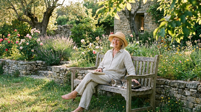 Entspannte ältere Dame sitzt an einem sonnigen Tag in einem ruhigen Garten auf einer Holzbank