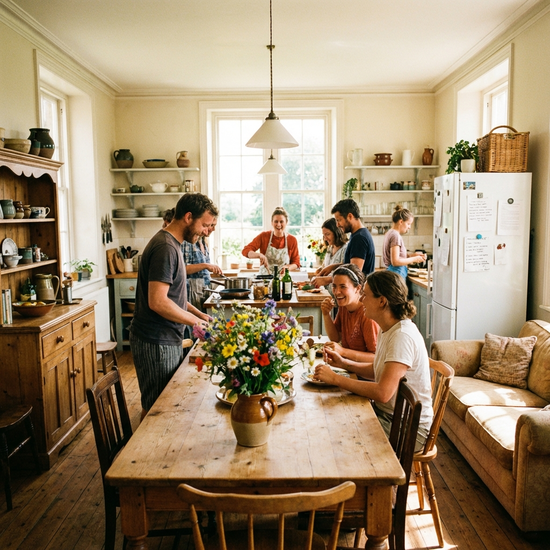 Gemeinschaftliche, helle Wohnküche mit frischen Blumen auf dem Esstisch