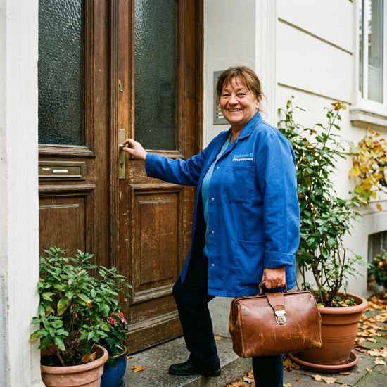 Ambulante Pflegekraft kommt mit einer Pflegetasche an einer Haustür an und lächelt