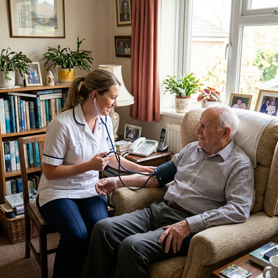 Pflegekraft misst den Blutdruck eines entspannten Patienten im heimischen Wohnzimmer