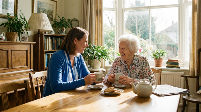 Freundliche Pflegekraft und ältere Dame sitzen lächelnd bei einer Tasse Tee an einem sonnigen Tisch