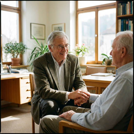 Erfahrener Arzt in ruhigem Gespräch mit einem älteren Patienten in einer hellen Praxis