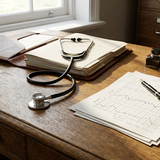 Stethoskop und medizinische Unterlagen liegen geordnet auf einem hölzernen Schreibtisch