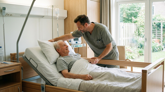 Einfühlsamer Pfleger richtet behutsam das Kissen eines ruhenden Patienten in einem modernen Pflegebett