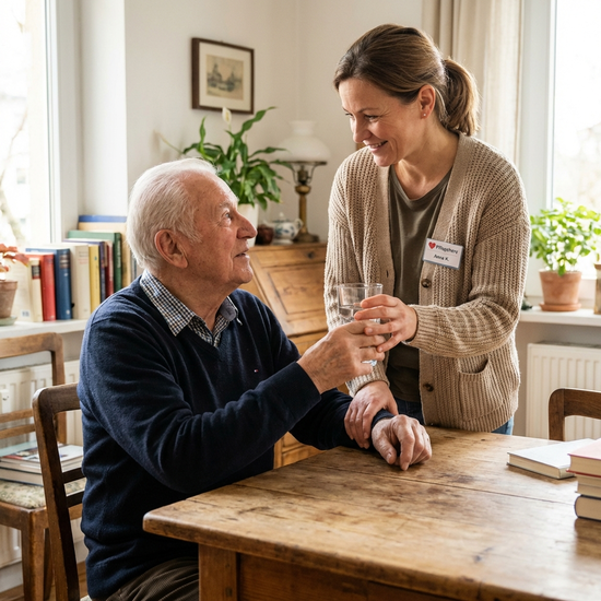 Pflegerin reicht einem älteren Herrn liebevoll ein Glas Wasser an einem Tisch