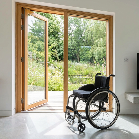 Moderner Rollstuhl steht bereit neben einer geöffneten Terrassentür mit Blick ins Grüne