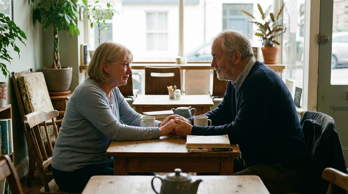 Zwei Personen sitzen sich an einem Tisch gegenüber und halten sich tröstend an den Händen