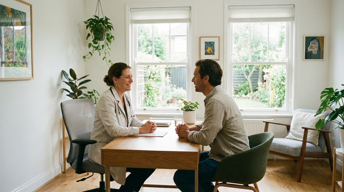 Ärztliches Beratungsgespräch in einer hellen, freundlichen Umgebung