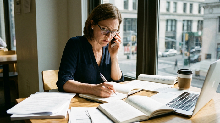 Person telefoniert konzentriert am Schreibtisch und macht sich Notizen