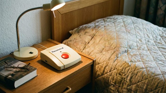 Hausnotruf-Gerät auf Nachttisch neben Bett