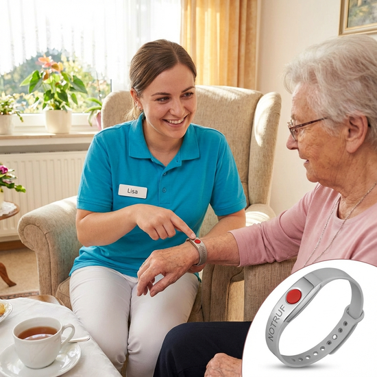 Freundliche Pflegerin erklärt älterer Dame die Funktion eines Notruf-Armbands