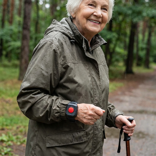 Seniorin trägt wasserdichtes Notruf-Armband am Handgelenk