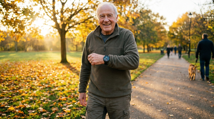 Moderne Smartwatch am Handgelenk eines Seniors beim Spaziergang im Park