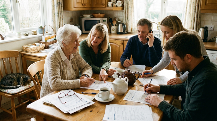 Senior und Angehörige füllen gemeinsam Dokumente am Küchentisch aus