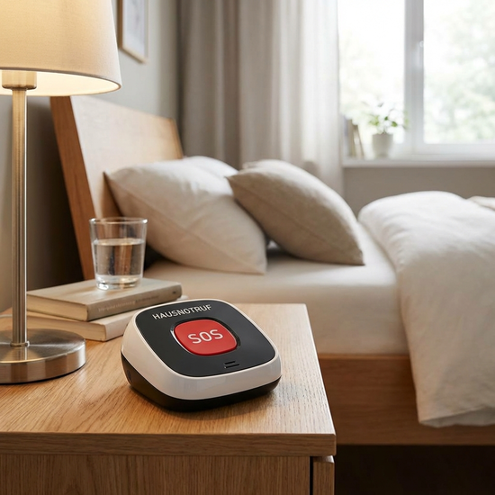 Hausnotruf-Gerät mit rotem Knopf auf einem Nachttisch